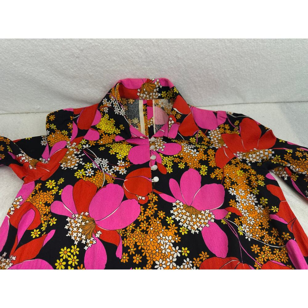 Vintage 60's 70's Mod Floral Shirt Dress Rock Bold Pointed Collar SZ L Retro - Picture 4 of 12